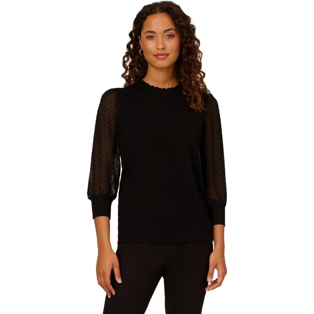Women's Black Viscose Nylon Twofer Sweater Clip Dot Puff Sleeve X-Large